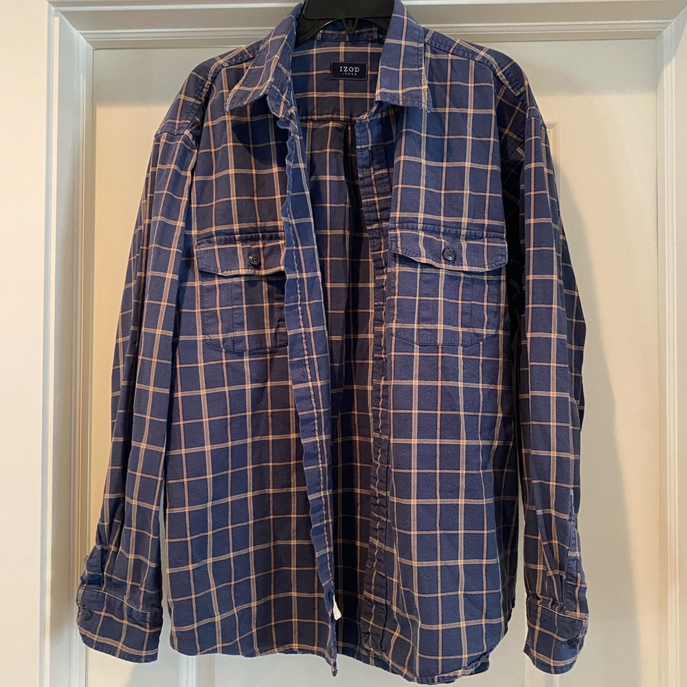 Izod Mens Long Sleeve Collared Button Shirt Plaid Flannel Size XL Blue w/ tan